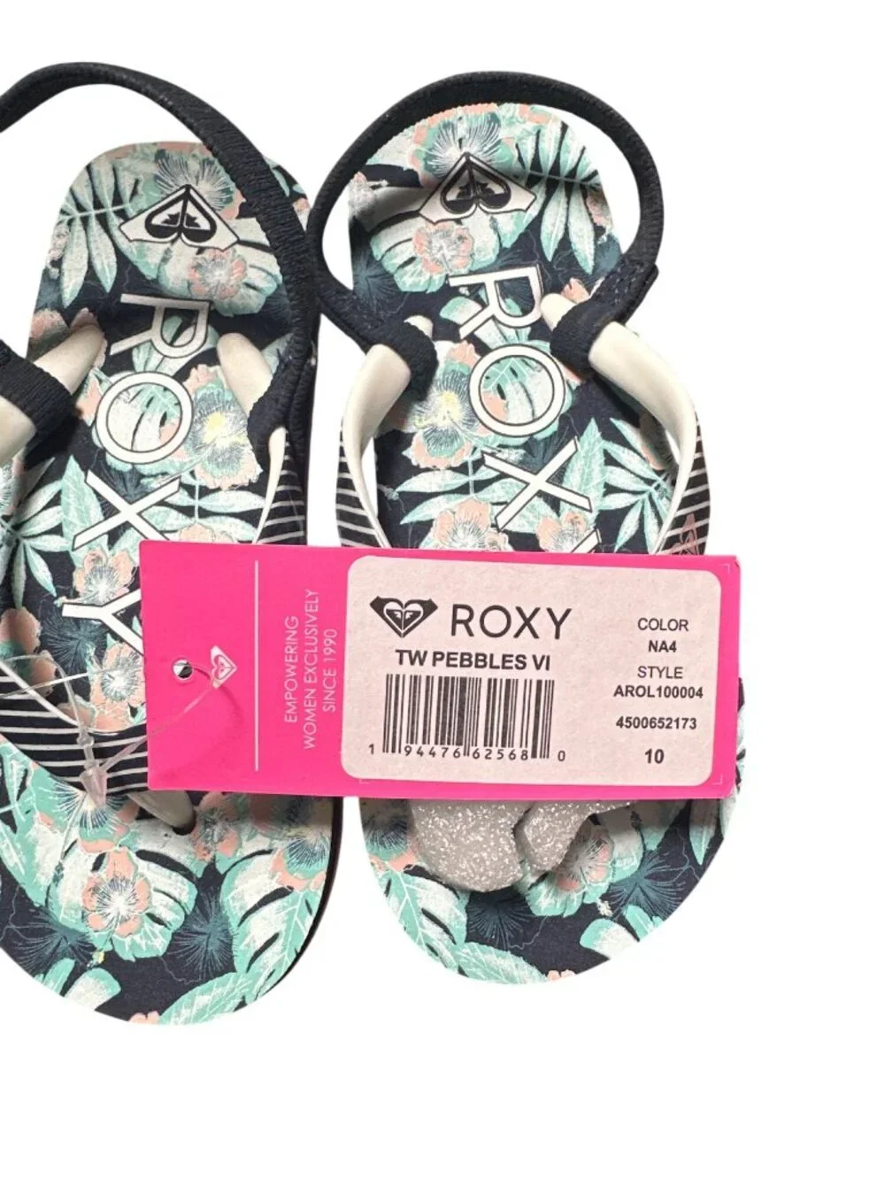 Roxy Girl Size 10 Pink Black Green Tropical Print Flip Flops Floral Summer Beach
